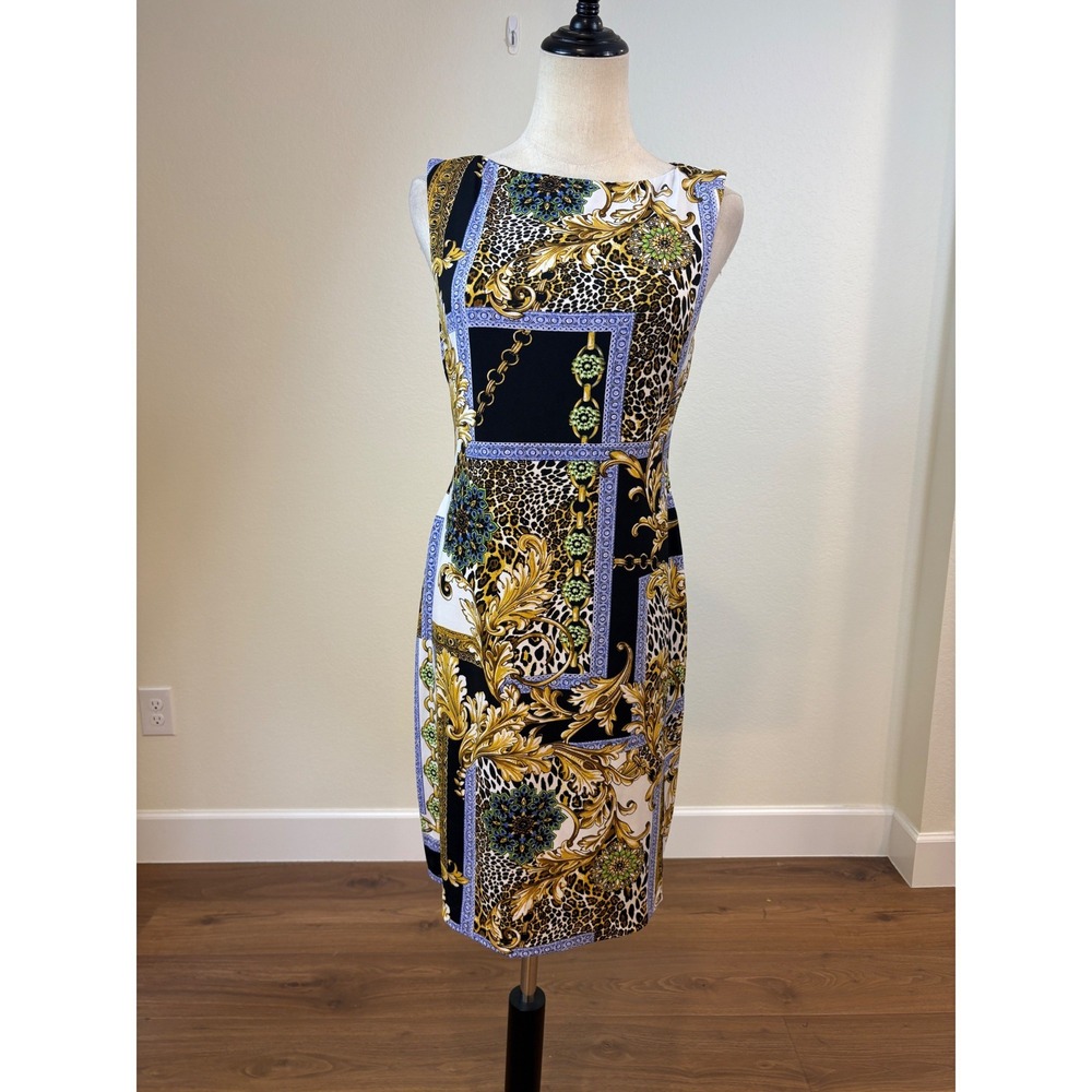 Cache Sheath Dress 10 Vtg Y2K Baroque Leopard Chain Print Mob wife Glam Luxury